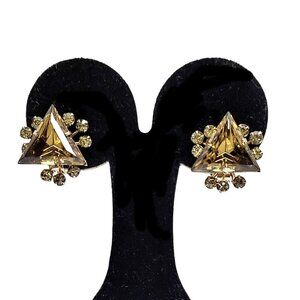 1950s Vintage Large Topaz Golden Brown Rhinestone Triangle Shape Earrings Clips